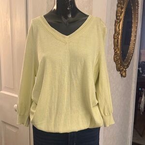 Talbots Petite XL Lemon Yellow V-Neck 3/4 Sleeve Silk Blend Lightweight Sweater